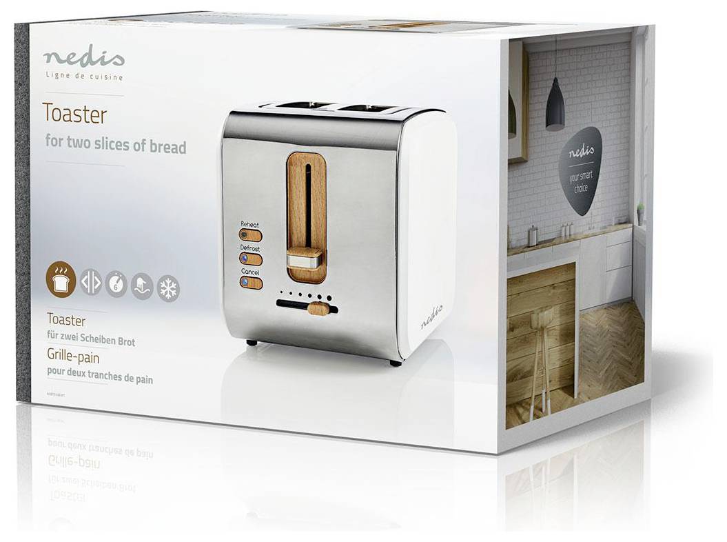 Egy Nedis kétszeletes kenyérpirító doboza, amelyen a pirító látható vezérlőgombokkal és fa díszítőelemekkel; konyhai környezet a háttérben.