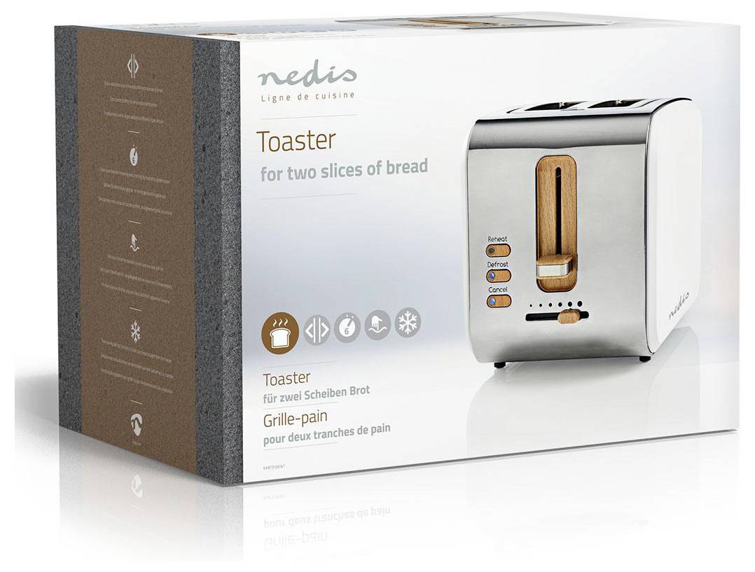 Egy Nedis kétszeletes kenyérpirító doboza, amelyen megtalálható a barnítási fokozat és a felolvasztó funkció képpel ellátva. Többnyelvű szöveg.