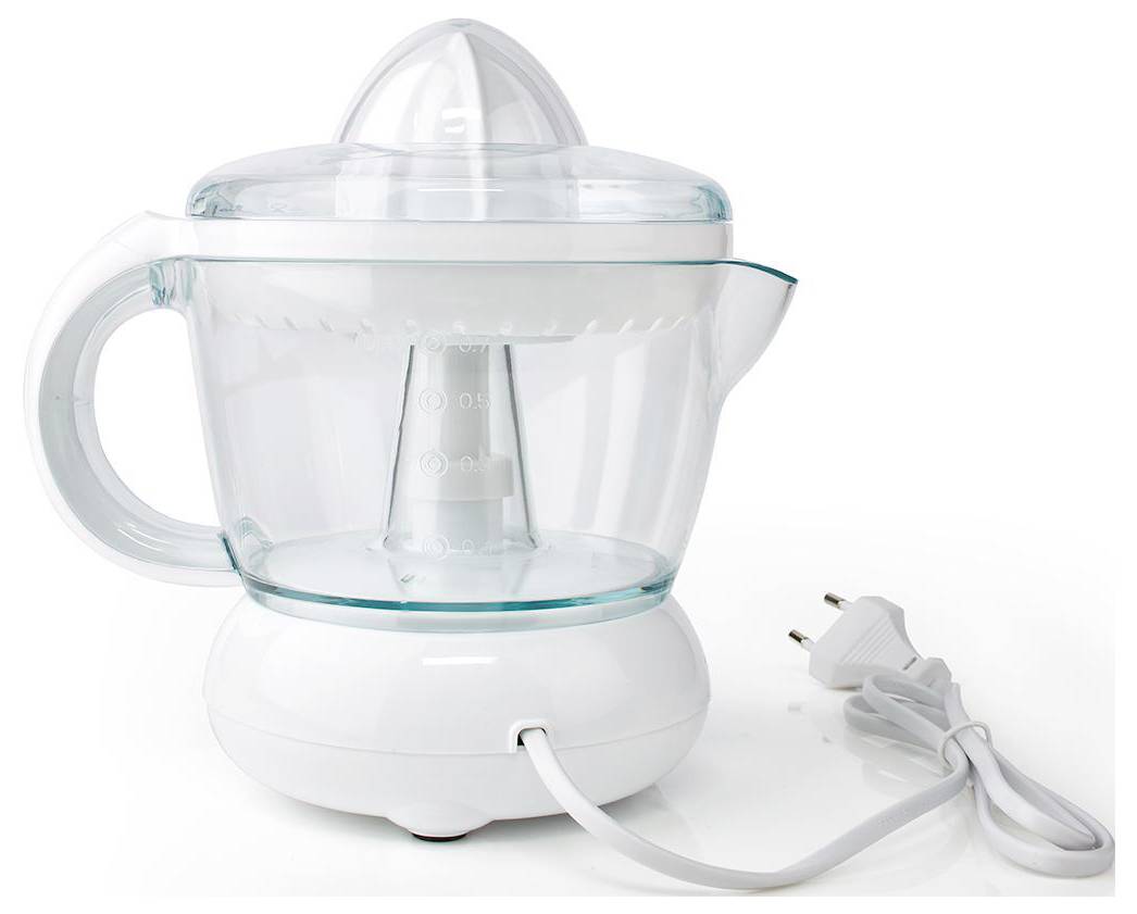 Elektromos citrusprés átlátszó fedéllel, oldalán beosztott mértékjelzésekkel és európai csatlakozódugóval.