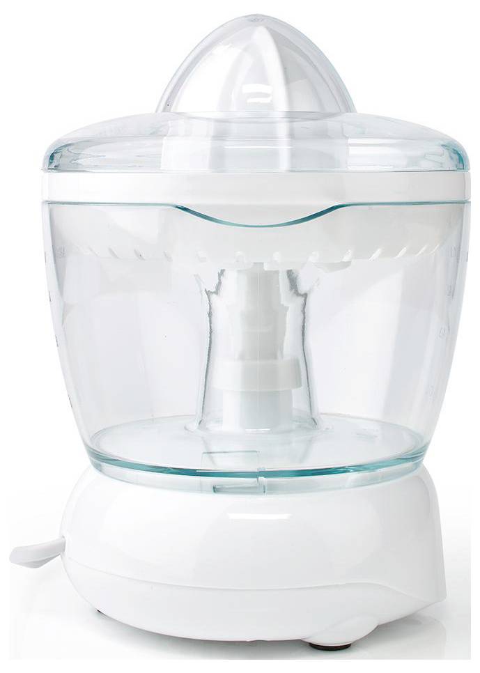 Elektromos citrusprés átlátszó fedéllel és nagy gyűjtőtartállyal, fehér talapzaton elhelyezve, használatra készen.