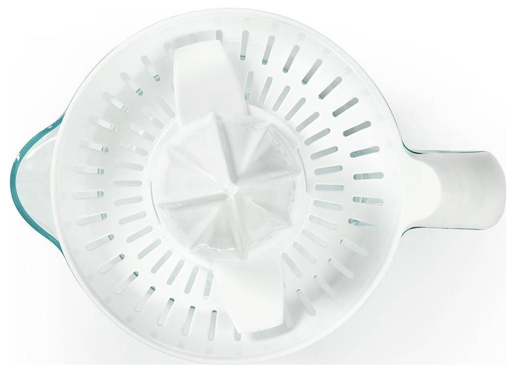 Egy fehér műanyag citrusprés felülnézete, szűrővel és kiöntőcsőrrel, amelyet arra terveztek, hogy elválassza a gyümölcslevet a héjtól és a magoktól.