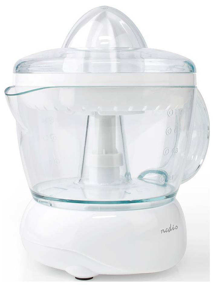 Egy átlátszó műanyag és fehér elektromos citrusprés, tetővel és fogantyúval, egy konyhapulton.