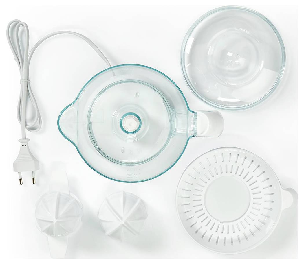 Elektromos citrusprés átlátszó tartállyal, két cserélhető citromnyomóval, szűrővel és tápkábellel, szétszerelt állapotban.