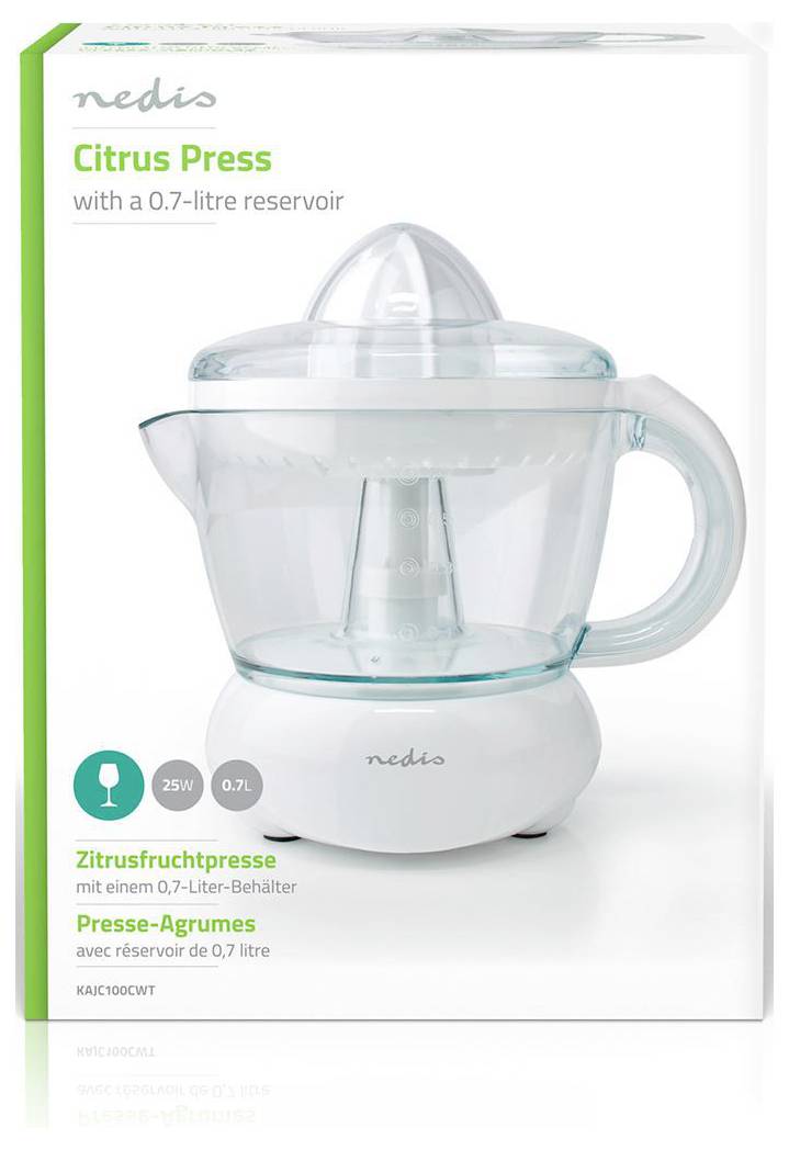 A Nedis Citrusprés doboza, amely egy 0,7 literes átlátszó gyümölcsprést mutat fogantyúval. A szöveg kiemeli teljesítményét: 25 W.