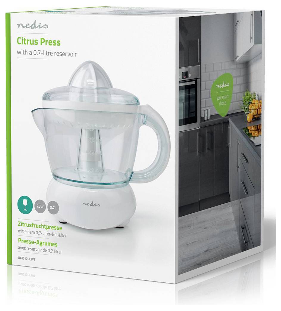 'Citrusprés 0,7 literes tartállyal, konyhai környezetben kiállítva; jellemzői közé tartozik a 25W-os teljesítmény és a 0,7 literes kapacitás.'