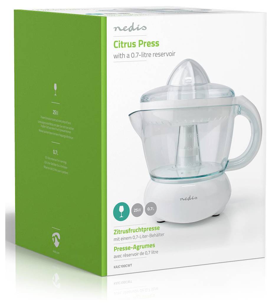 Nedis zöld-fehér termékdobozán látható "Citrusprés 0,7 literes tartállyal", amely a gyümölcscentrifuga formatervezését és kapacitását mutatja.