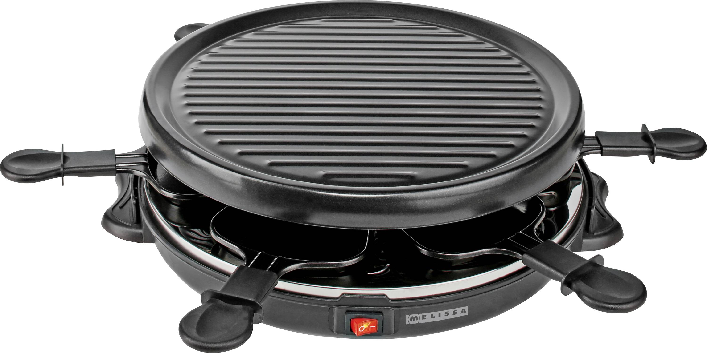 Elektromos raclette grill tapadásmentes grillfelülettel, négy spatulyával és állítható hőmérséklet-szabályozással. Asztali főzésre alkalmas.