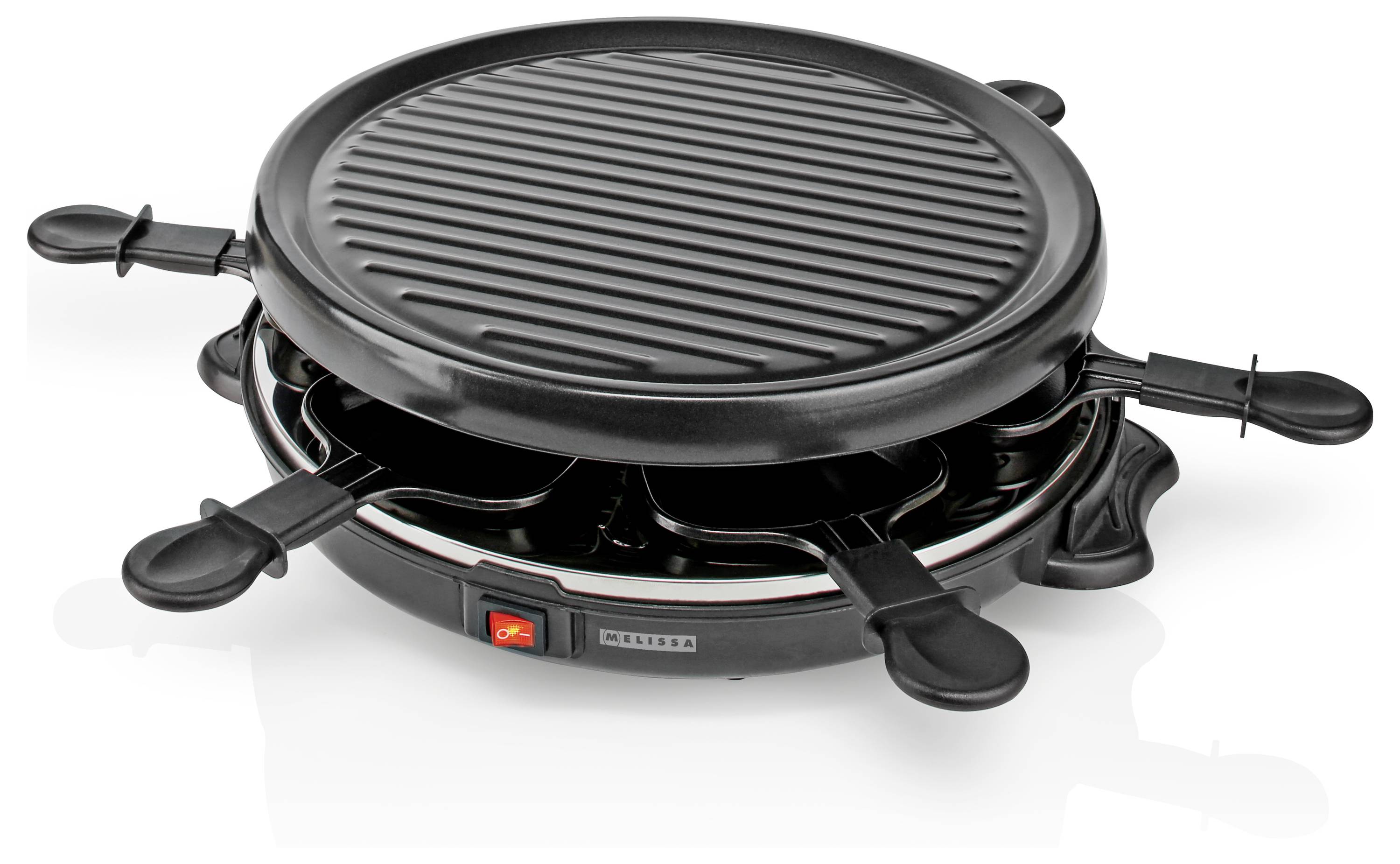 Kerek elektromos raclette grill több kis serpenyővel alul a sütéshez, bordázott felső lappal és állítható hőmérséklet-szabályzóval.