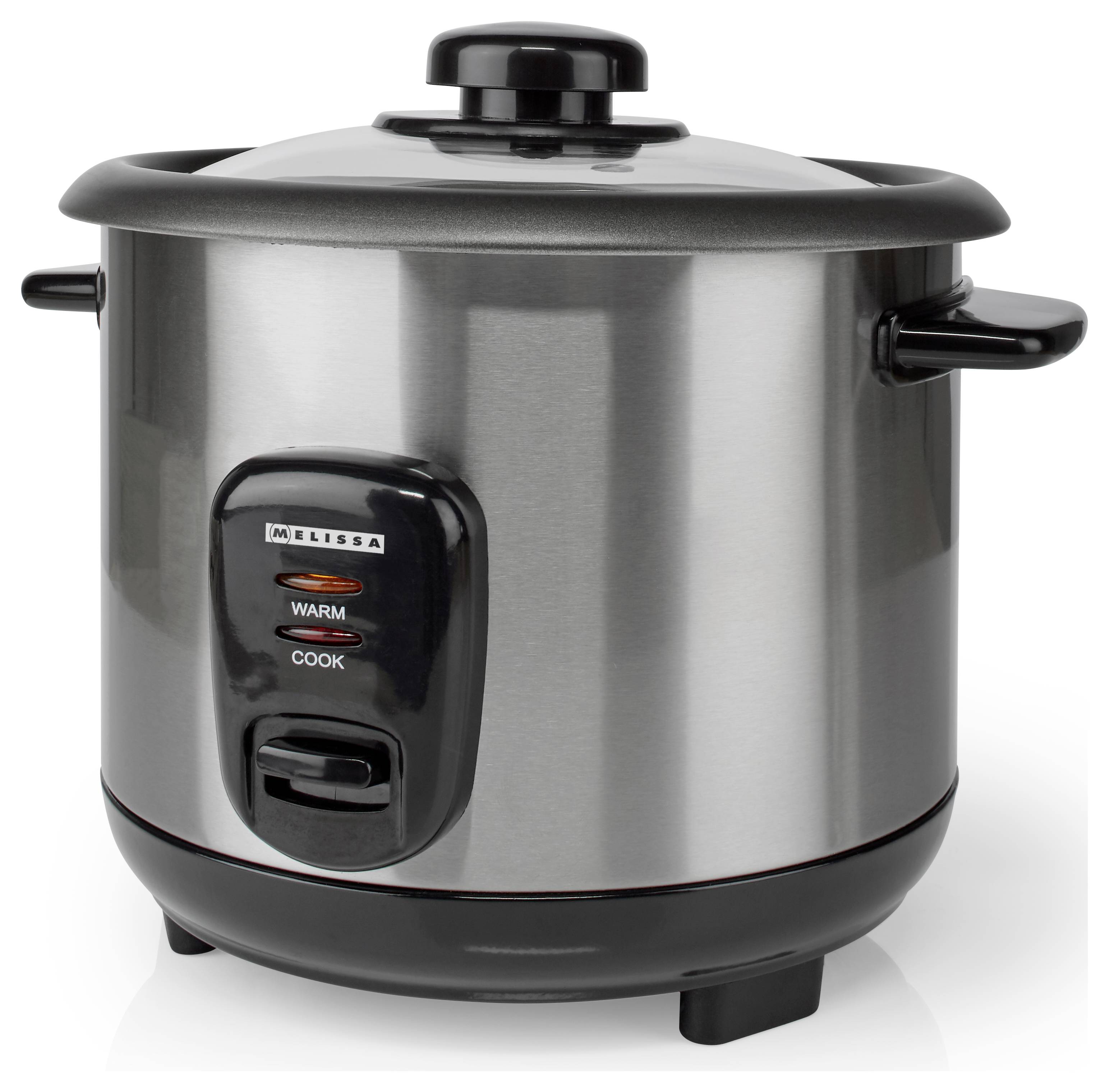 Egy rozsdamentes acél rizsfőző fekete tetővel, fogantyúkkal és egy vezérlőpanellel, amelyen két jelzőfény látható: 'Meleg' és 'Főzés'.