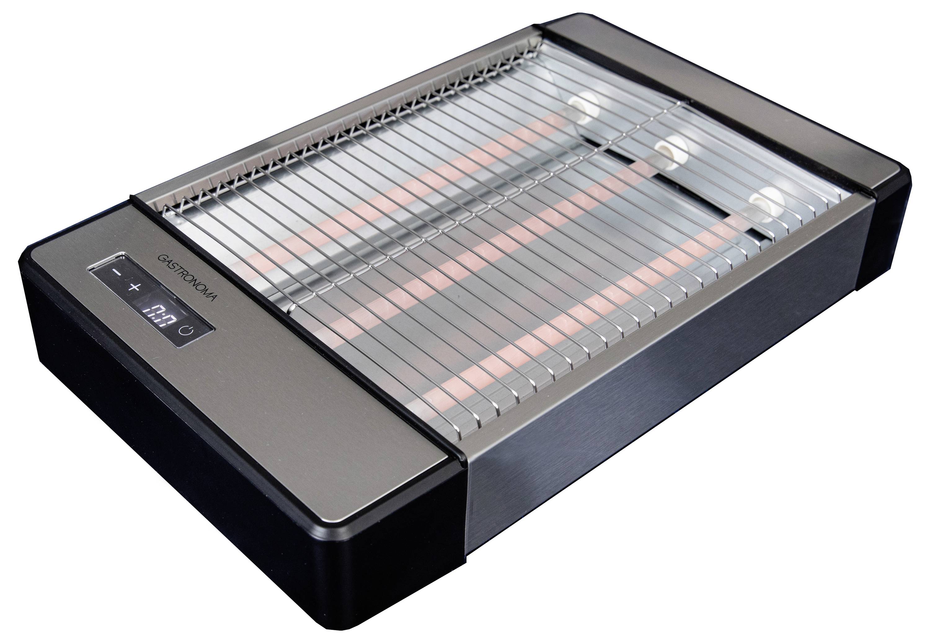 Egy asztali elektromos grillsütő digitális kijelzővel, amely hőmérséklet-beállítást mutat, és több fémrúddal rendelkezik az étel grillezéséhez.