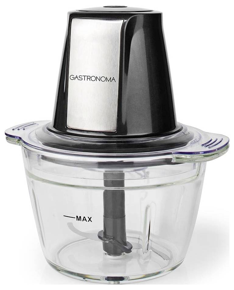 Egy fekete motoregységű üveg aprítógép, amelynek tetején 'Gastronoma' felirat látható. Az üveg tálban egy 'MAX' töltési vonal és egy látható penge van.