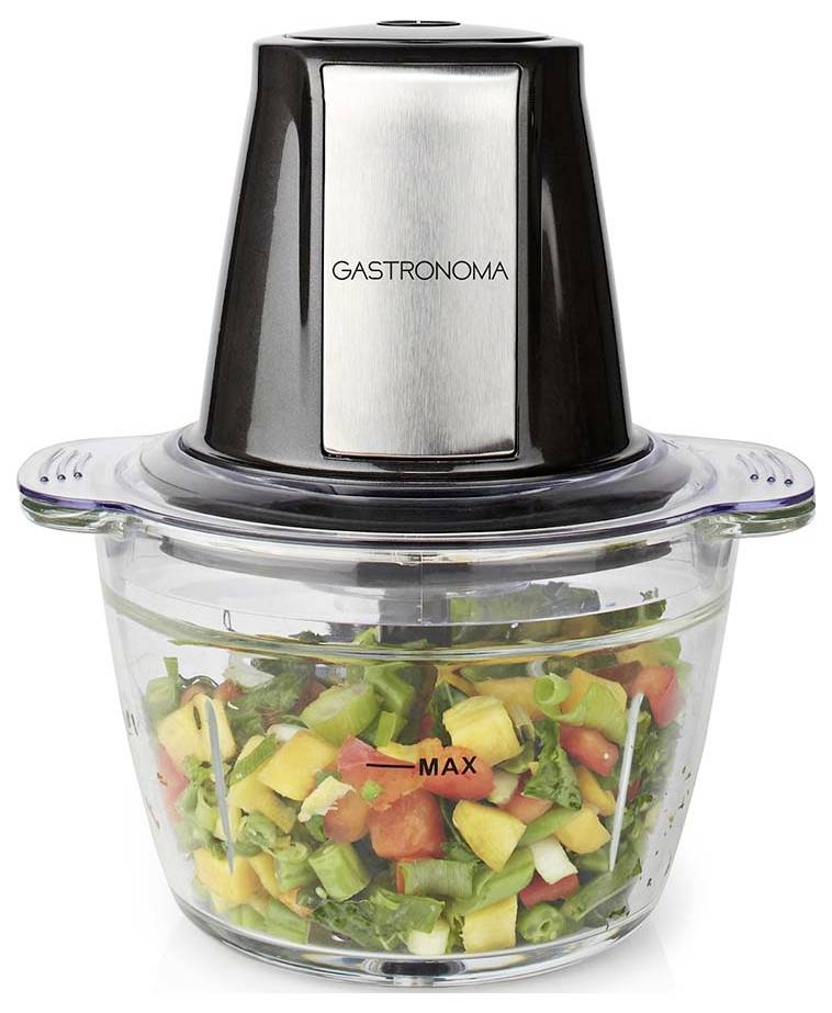 Üveg ételfeldolgozó tál zöldségekkel feldarabolva, „MAX" vonallal megjelölve. Fekete fedőn a „GASTRONOMA" felirat olvasható.
