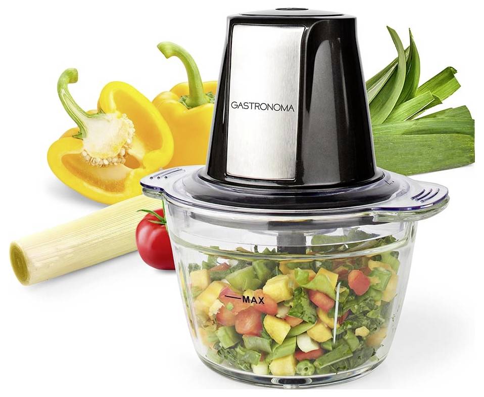 Egy élelmiszer-feldolgozó edény látható benne felkockázott zöldségekkel, mellette sárga paprika, paradicsom és póréhagyma; a márkanév "Gastronoma".