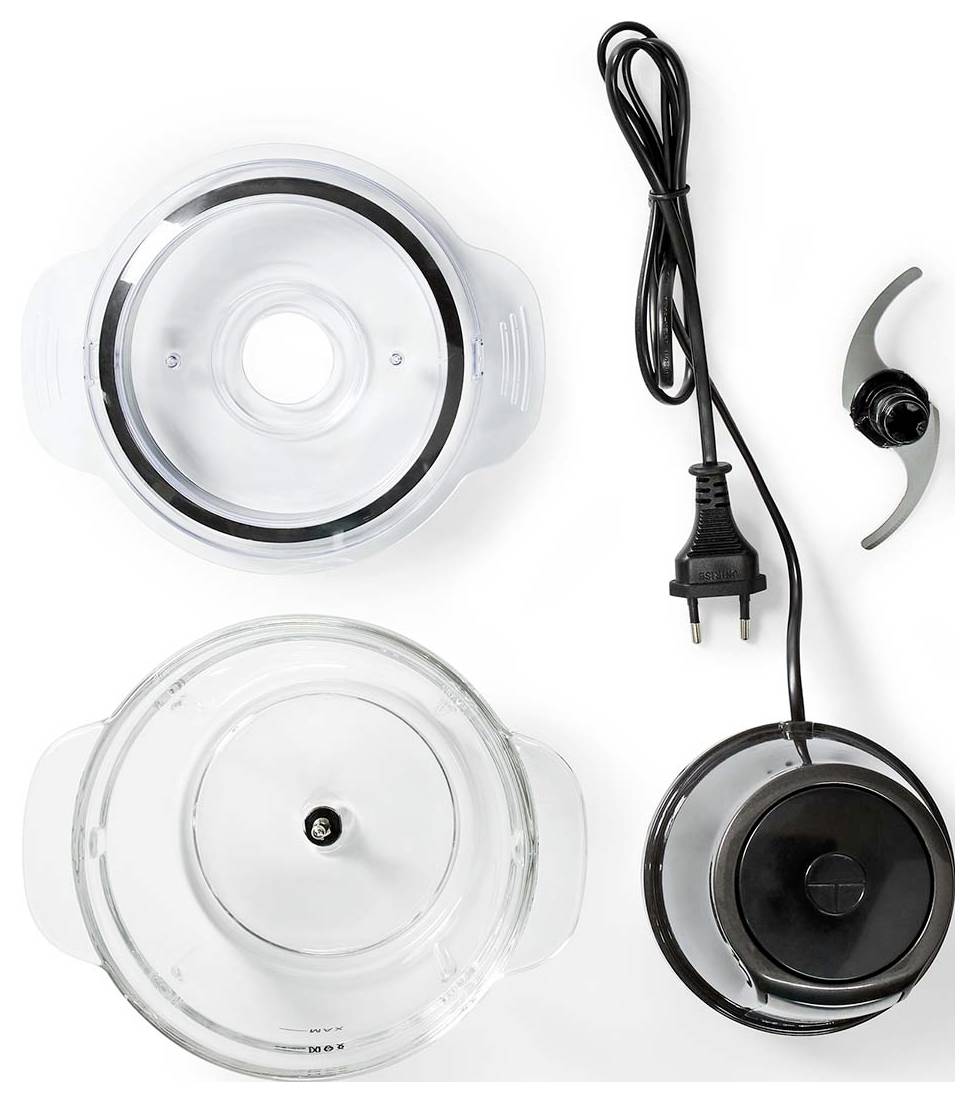 Konyhai robotgép alkotóelemei: két átlátszó tál fedővel, hálózati kábel és egy fémkés.