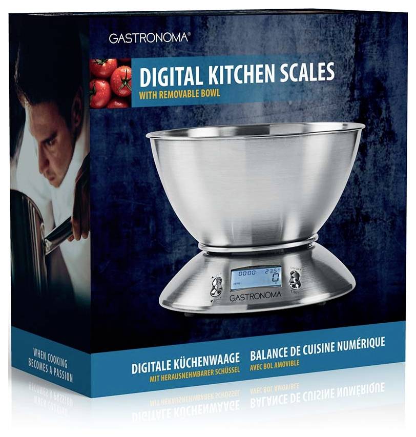 Digitális konyhai mérleg levehető tállal - A termék csomagolása bemutatja a mérleget és egy felhasználói képet. Több nyelven tartalmaz súlyjelöléseket.
