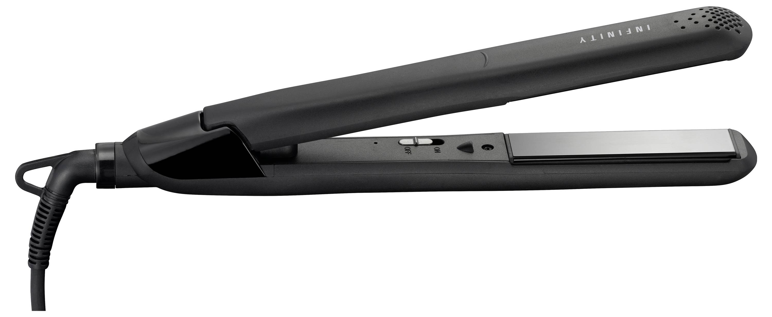 Egy fekete hajvasaló, zsinórral, nyitva, hogy bemutassa a lapos kerámia lemezeket és a vezérlőgombokat a markolatán.