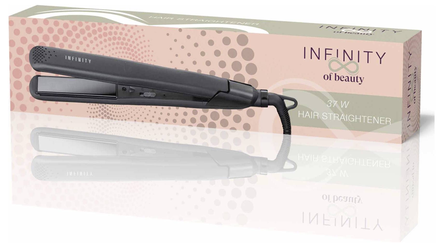 Egy fekete hajvasaló, amelynek a házán az 'Infinity of Beauty' márkanév szerepel, a hozzá tartozó termékdoboz előtt helyezkedik el.