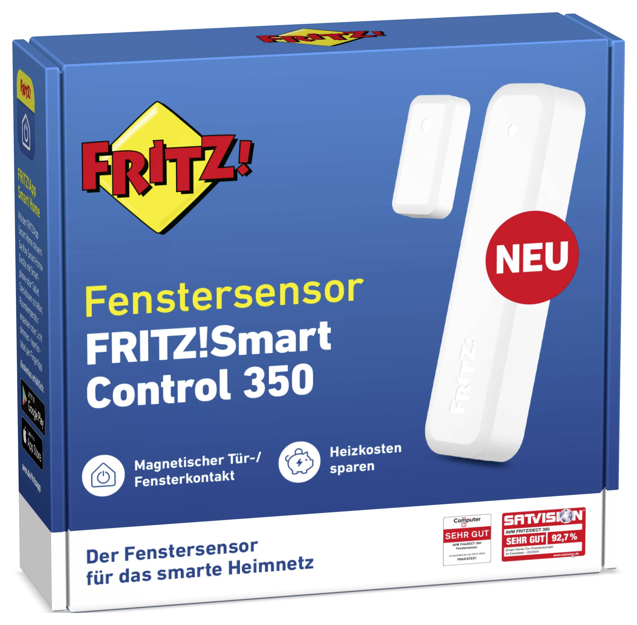 A FRITZ!Smart Control 350 ablakérzékelő dobozának képe. A doboz kiemeli a mágneses érzékelő funkcióit, az energiamegtakarítást és egy "ÚJ" feliratot.