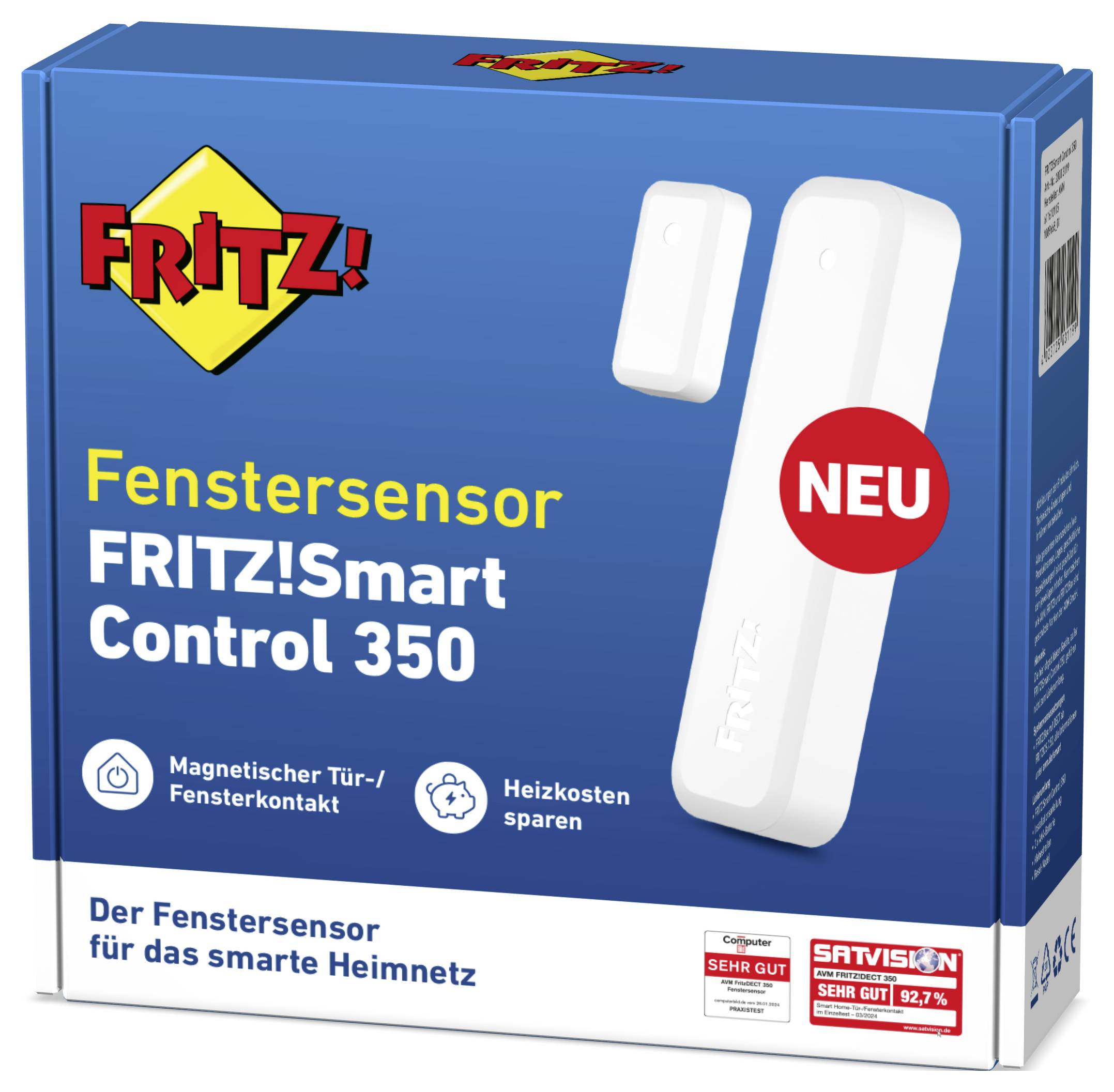 A 'FRITZ!Smart Control 350' ablakérzékelő doboza. Kiemelt jellemzők közé tartozik a mágneses ajtó-/ablakérzékelő és az energiatakarékos funkciók.