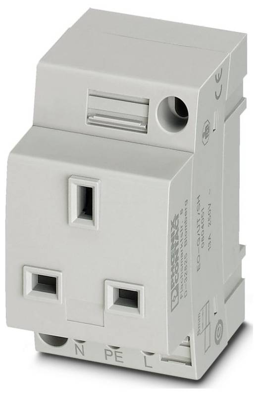 Egy szürke elektromos alkatrész két látható aljzattal, egy földelési sárkunyval és 'N' és 'PE' jelöléssel.