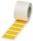 Egy sárga téglalap alakú címkékből álló tekercs fehér szegéllyel, részben kiszövetkezve, egy fehér felületre függőlegesen elhelyezve.