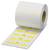 Fehér ragasztó címkék tekercs sárga téglalapokkal két sorban címkénként, előre feltekercselhető, tárgyak vagy elemek megjelöléséhez vagy felcímkézéséhez használt.