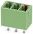 Zöld 3-pólusú nyomtatott áramköri csatlakozóblokk piros karral, elektromos csatlakozásokhoz tervezett, függőleges tüskékkel szereléshez.