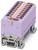 Lila termináltömb két sor narancssárga csatlakozóval és szürke alappal, elektromos csatlakoztatáshoz és DIN sínre történő felszereléshez használt.