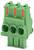 Egy zöld elektromos terminálblokk három csatlakozási ponttal és piros jelölésekkel a felső részén, amelyet vezetékek csatlakoztatásához használnak.