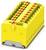 Sárga terminálblokk több kapcsolódási ponttal, betűkkel és számokkal jelölve, amelyet elektromos telepítésekben használnak a vezetékek csatlakoztatásához.