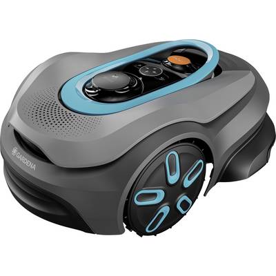 Egy robotfűnyíró karcsú szürke és türkiz dizájnnal, amelynek kerekei és kezelőpanelje hangsúlyosan jelenik meg.