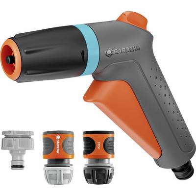 Gardena kerti tömlőfej szett, amely egy szürke és narancssárga ergonomikus permetezőfejet mutat három cserélhető csatlakozóval különböző öntözési feladatokhoz.