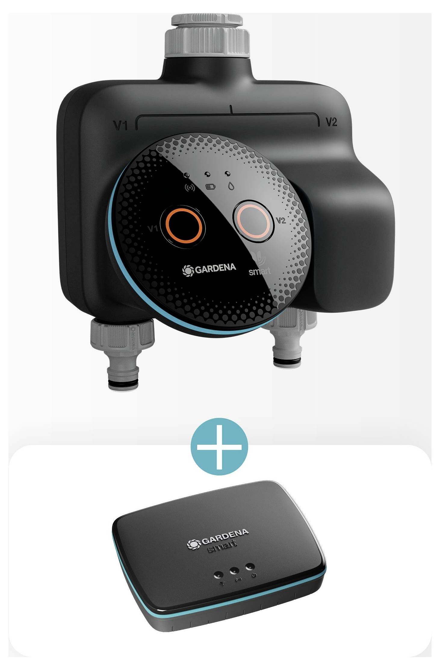 A 'GARDENA Smart Water Control' eszköz két szeleppel (V1, V2) és egy vezeték nélküli hub-bal alatta. Automatizált kerti öntözésre alkalmas.