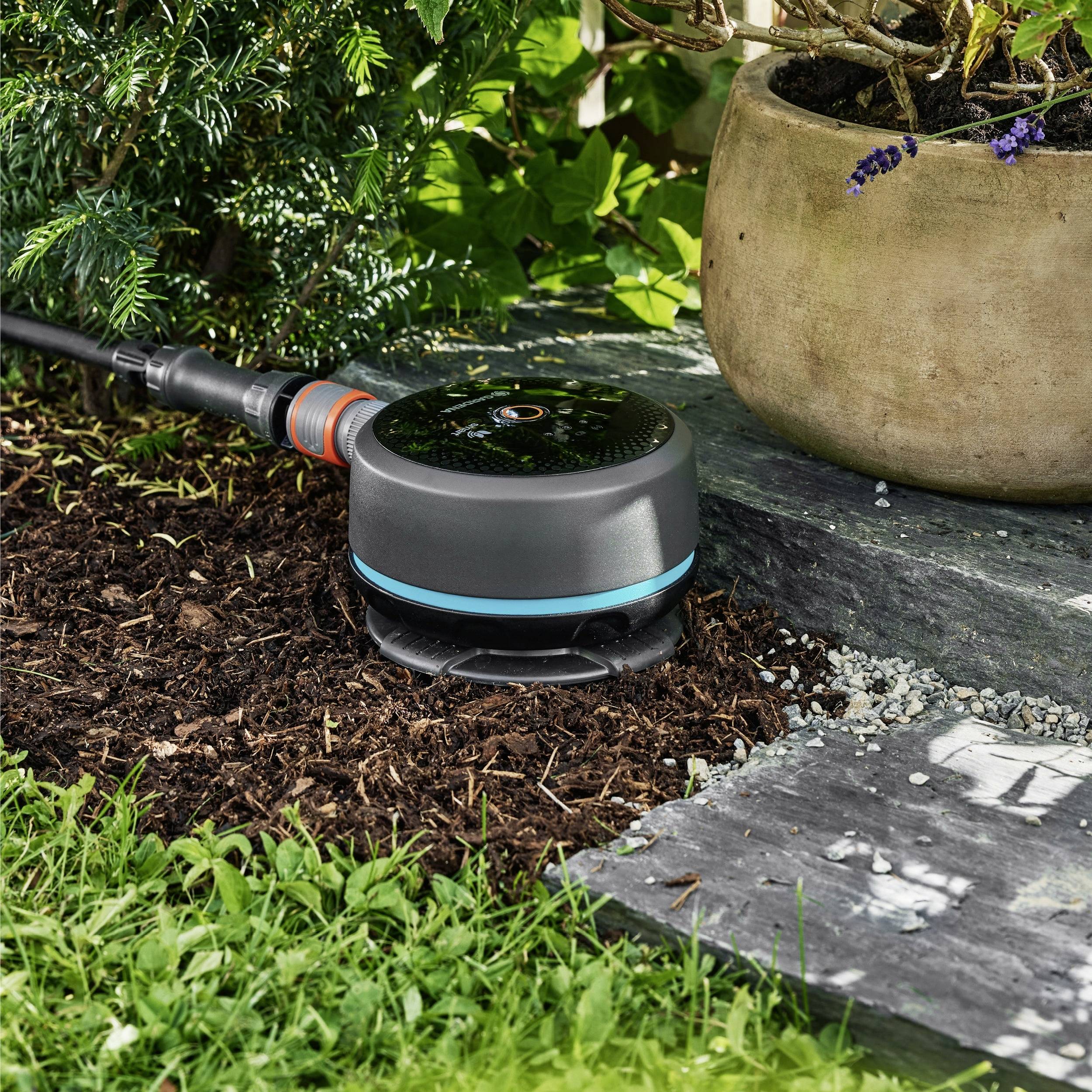 Egy robotikus kerti eszköz vizet egy cserepes bokor közelében, egy köves ösvényen. A szerkezet kicsi, kerek és fekete, egy vízcsővel felszerelve.