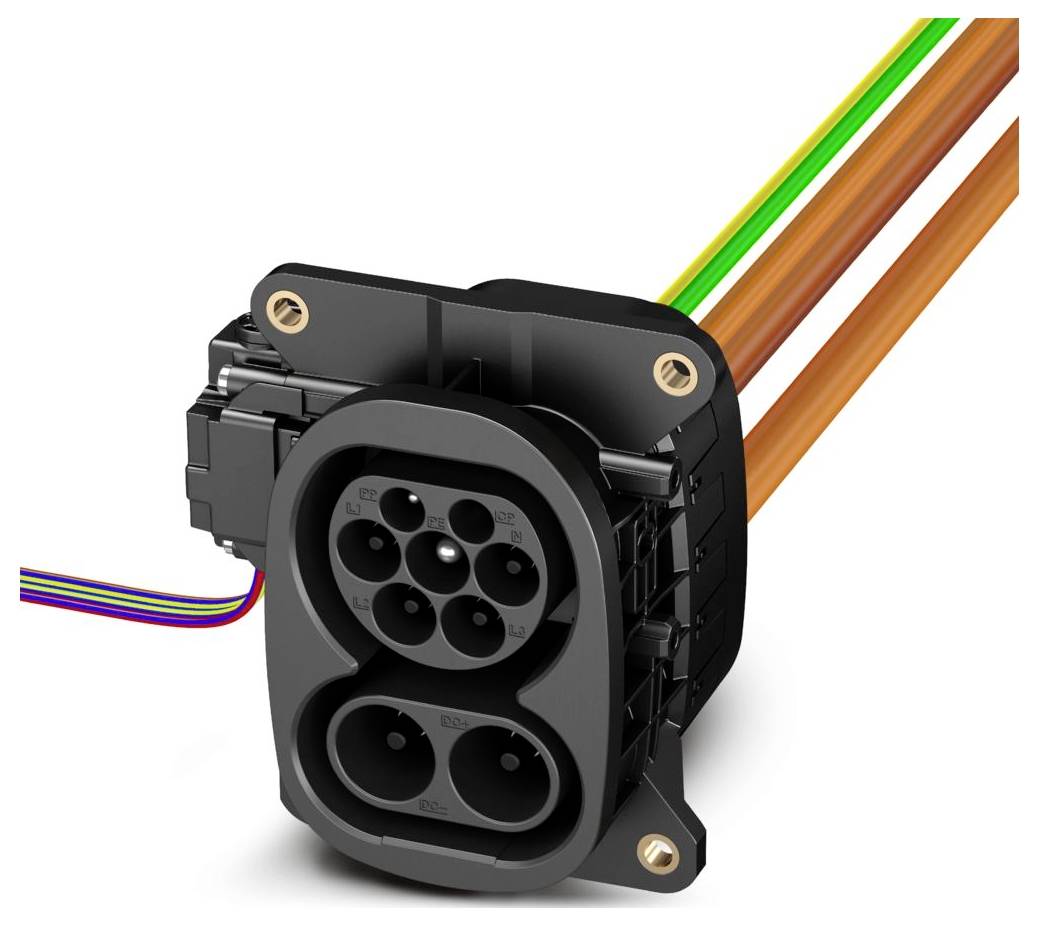 Egy elektromos jármű töltőkonnektor többszínű vezetékekkel, amely hatékony energiaátvitelre és biztonságos csatlakozásokra lett megtervezve.