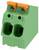 Zöld elektromos csatlakozóblokk két narancssárga kar emeltyűvel, elektromos installációkban vagy áramkörökben történő vezetékkötéshez tervezve.