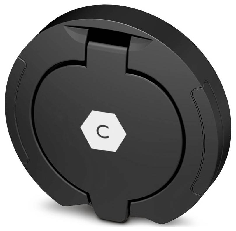 Fekete kerek töltőállomás, amelynek tetején egy hexagonális szimbólum van „C" felirattal, elektronikus eszközökhöz használt.