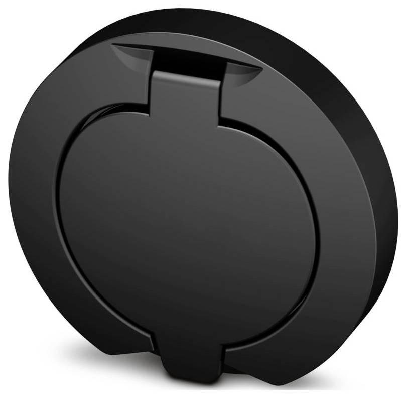 Fekete, kerek műanyag fedél egy kis téglalap alakú fülecskével a nyitáshoz, amelyet a tárolók biztonságos lezárására terveztek.