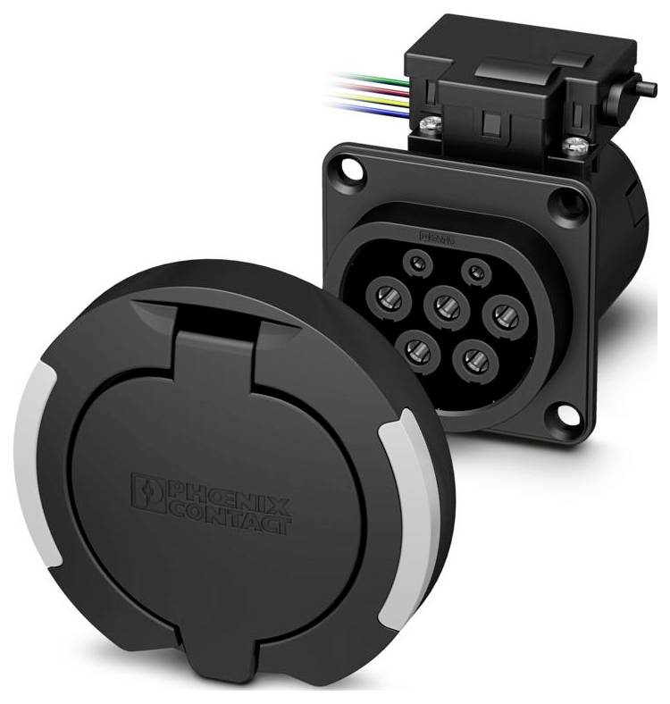 „Fekete kerek elektromos járműtöltő csatlakozó több tűvel és védőfedéllel, a hátsó oldal vezetékes csatlakoztatását mutatva."