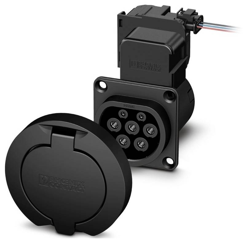 Fekete elektromos csatlakozó több tűvel, amely a védőfedelével együtt látható. Jármű töltőrendszereiben használt eszköz.