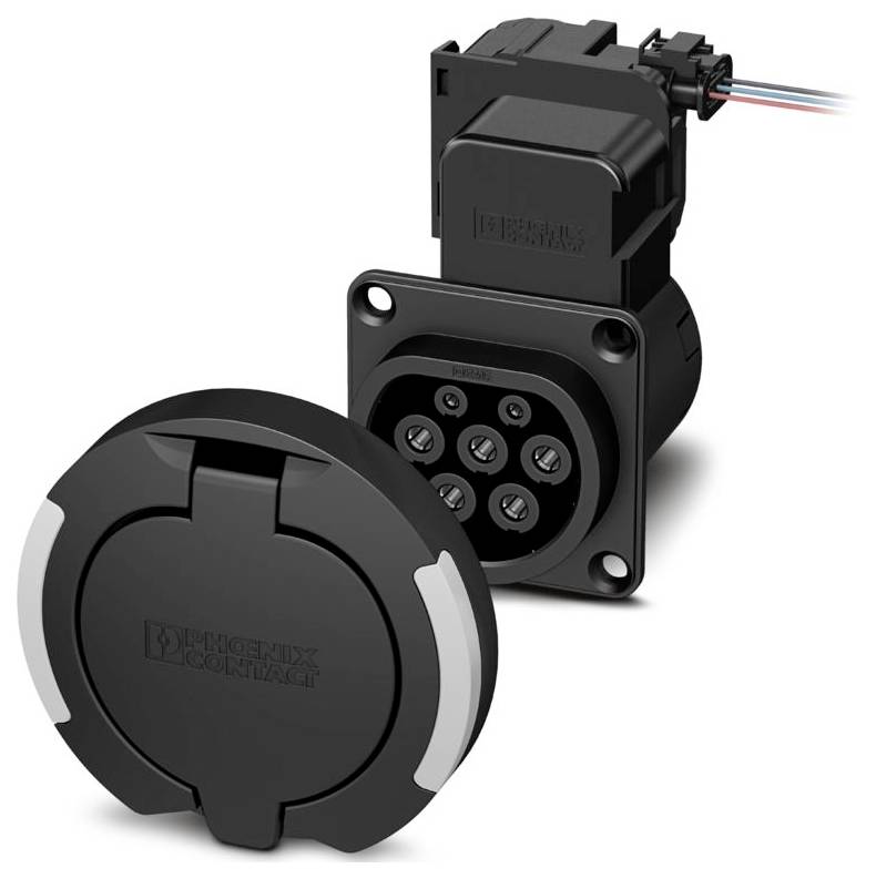 'Fekete elektromos csatlakozó több tűvel elektromos járművek töltéséhez, kerek fedéllel és csatlakoztatási vezetékekkel.'