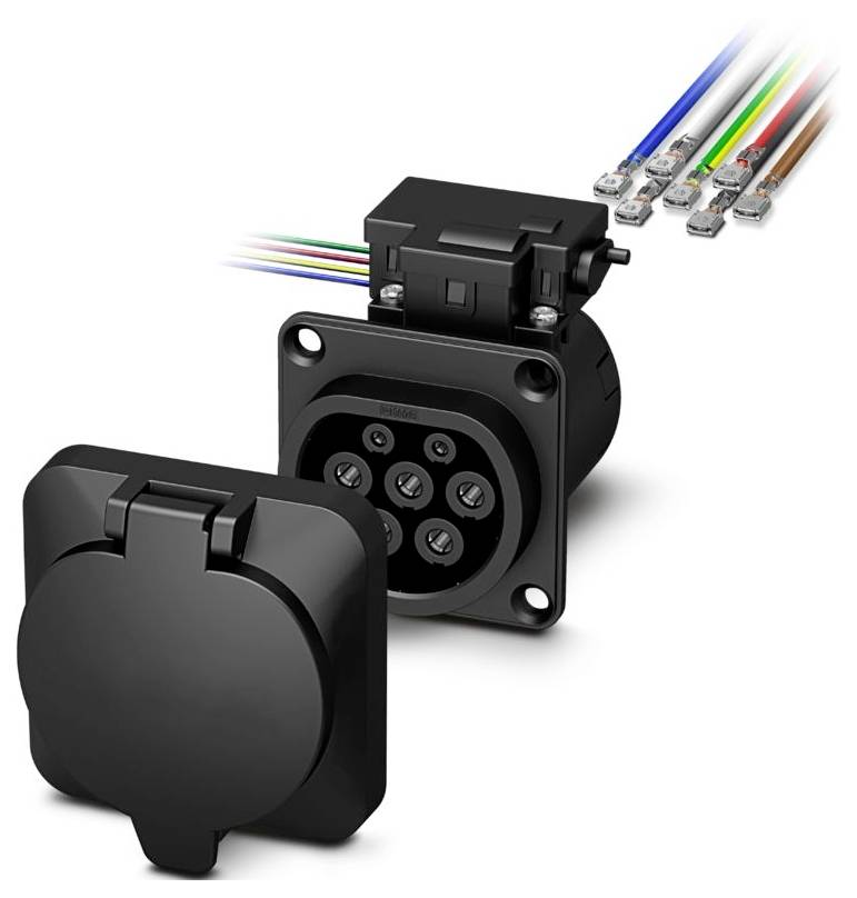 'Fekete elektromos csatlakozó több vezetékkel az áramátvitelhez, hat résszel és fedéllel. A vezetékek különböző színűek.'