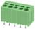 Zöld elektromos sorkapocs öt csatlakozási ponttal és fém csapokkal alul, amelyet vezetékek és áramköri csatlakozások összekapcsolására használnak.