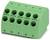 Egy zöld, két soros csatlakozó blokk, amely alul több fém érintkező pöcccel rendelkezik, elektromos csatlakozásokhoz használatos.
