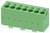 Zöld, több nyílású elektromos csatlakozó hat porttal és tüske-csatlakozókkal, amelyet jellemzően az elektronikus eszközökben lévő vezetékek csatlakoztatásához használnak.