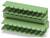 Zöld elektromos csatlakozóblokk, amely két sorban elhelyezett nyílásokkal rendelkezik a vezetékcsatlakozások számára, és sínen vagy panelen történő rögzítésre van tervezve.