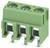 Zöld hárompoziós terminálblokk csavaros érintkezőkkel és fémcsatlakozókkal, amelyet elektromos vezetékek rögzítésére és csatlakoztatására használnak.