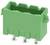 Zöld műanyag elektromos csatlakozó három fém érintkezővel, nyomtatott áramköri lap szereléshez használt, téglalap alakú és oldalsó peremekkel.