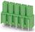 Zöld öt csatlakozóval rendelkező sorkapocsle fém csatlakozókkal, amely elektronikus áramkörökben történő elektromos csatlakoztatáshoz használható.