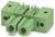 Zöld színű dupla tüskés elektromos csatlakozó fém érintkezőkkel és két szerelési furattal, amelyet elektronikus eszközökben vezetékek vagy kábelek csatlakoztatására használnak.